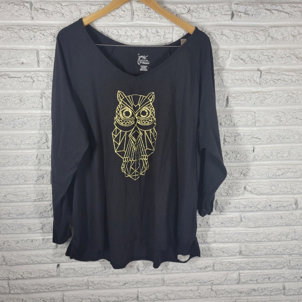 Just My Size Womens 4X Black Owl T Shirt V Neck Polyester Casual Travel Plus Tee
